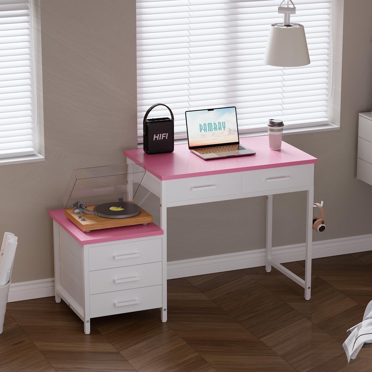 Pamray 47 inch Computer Desk with 5 Drawers and Printer Space for Office | Ample Storage, Space-saving, Easy Assembly, Sturdy, Suitable for Home Office, Study and Writing, Bedroom and Dorms