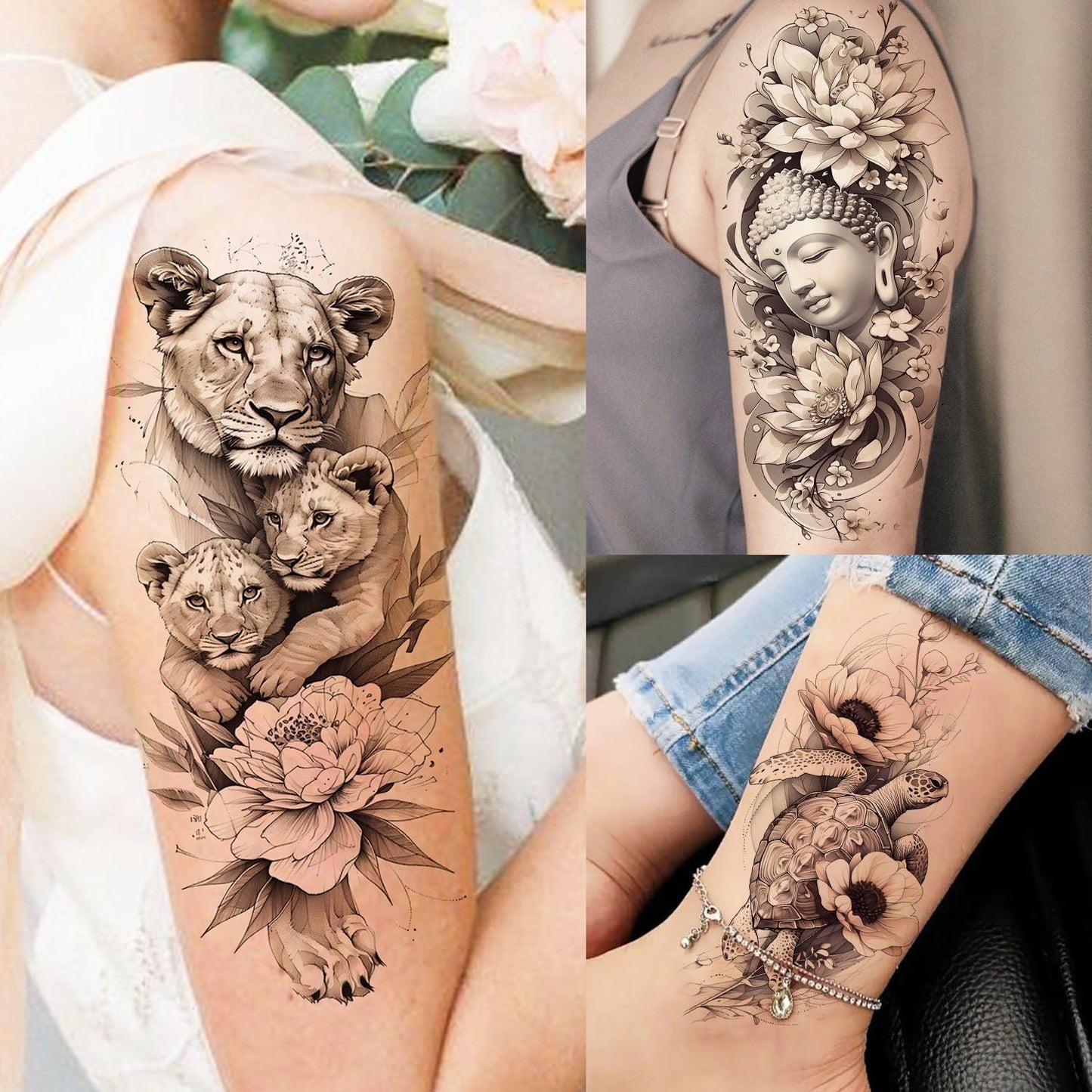 12 Sheets Beautiful Butterfly Flowers Temporary Tattoos For Women Feet Hands Body Art, Realistic Rose Peony Floral Fake Tattoo Sticker For Legs Ankle, Waterproof Lily Dreamcatcher Temp Tatoos Decals