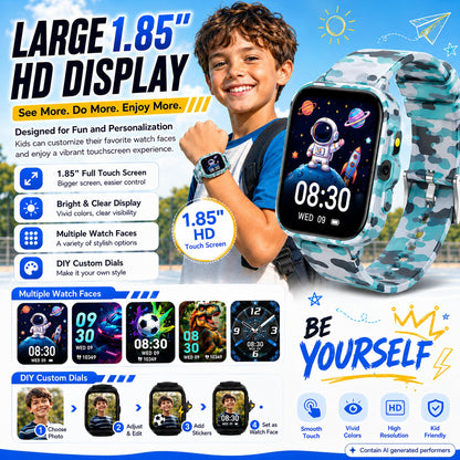 Smart Watch for Kids Boys Age 5-12, Ai Functions Games HD Touch Screen Watches with Video Camera Music Player Pedometer Heart Rate Sleep Tracker Christmas Birthday Gifts for Boys (Camouflage, 1.85")