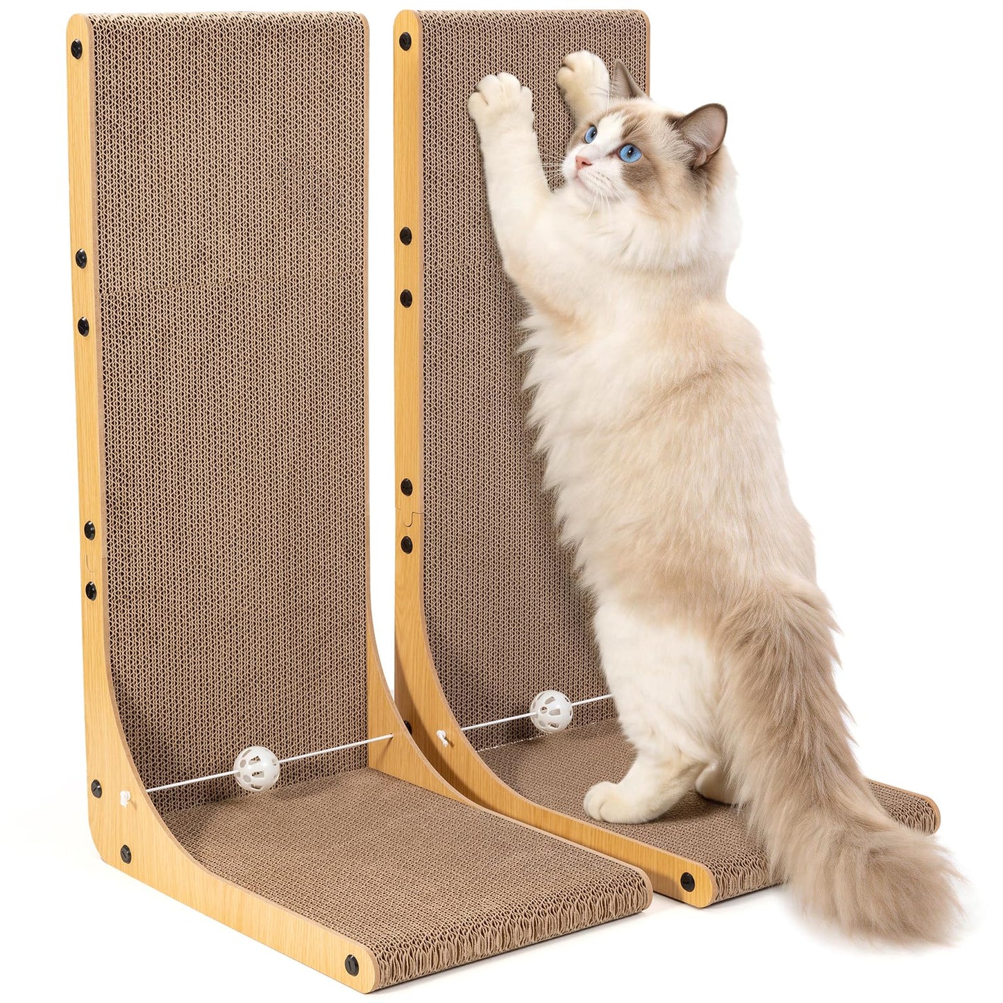 Value 2-Pack 23.6 Inch L-Shaped Cardboard Cat Scratcher, Dual Use (Vert/Horiz) Scratch Pad with Toy Balls, Wall-Mountable Furniture Protector Cat Scratchers for Indoor Cats