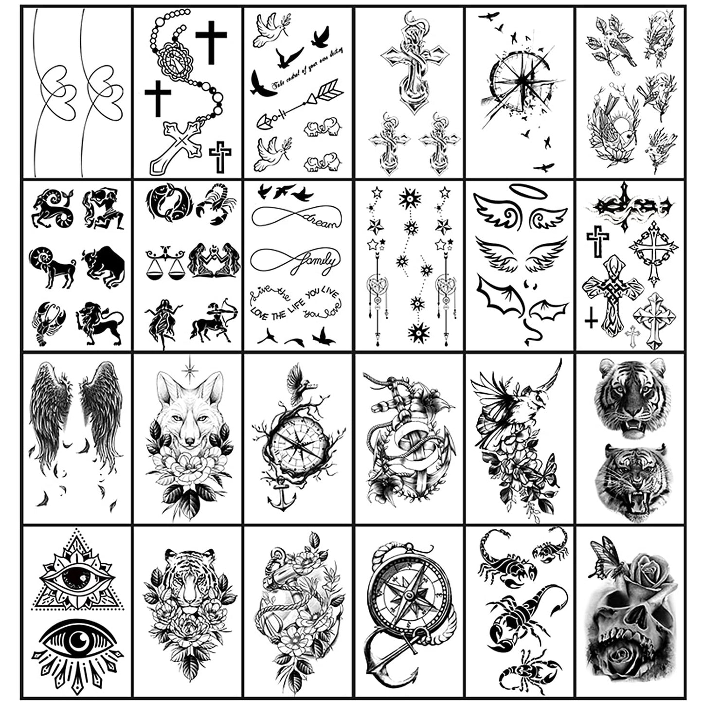 Yazhiji 36 Sheets Temporary Tattoos Stickers, 12 Sheets Fake Body Arm Chest Shoulder Tattoos for Men or Women with 24 PCS Tiny Black Tattoos