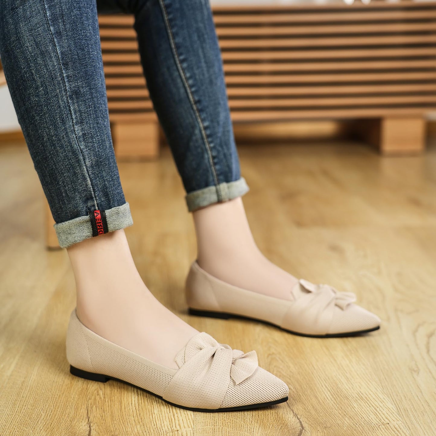HIULYCENCE Flats for Womens Pointed Toe Ballet Flats with Bow Comfortable Knit Dressy Flats