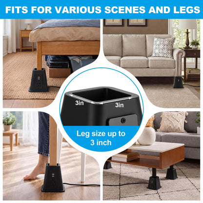 Relaxweex 4 Pack 8 Inches Heavy Duty Bed Risers with Power Outlet and USB - Adjustable Plastic Bed Frame Riser Lifts - Furniture Support Blocks for Sofa College Dorm Twin, Supports 2200 lbs