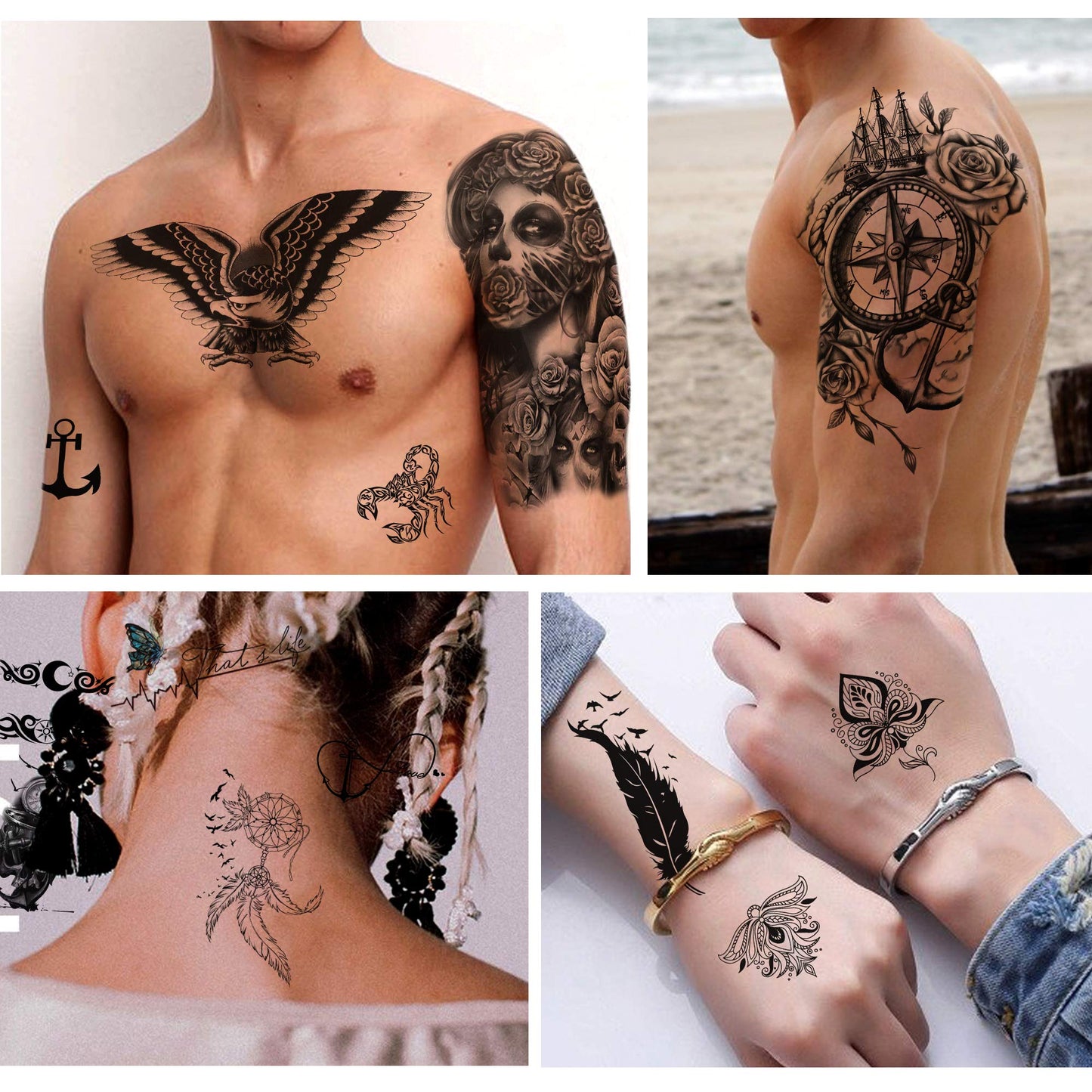 Yazhiji 36 Sheets Temporary Tattoos Stickers, 12 Sheets Fake Body Arm Chest Shoulder Tattoos for Men or Women with 24 PCS Tiny Black Tattoos
