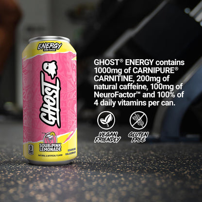 GHOST Energy Drink, Zero Sugars, 12-Pack, Cherry Limeade, 16oz | Energy & Focus Pre Workout Drink, No Artificial Colors, Gluten-Free, Vegan - 200MG Natural Caffeine, L-Carnitine, Taurine