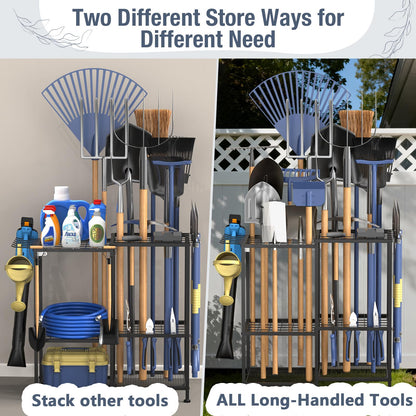 Garden Tool Organizer,Metal Yard Tool Organizer ,Holds 50 Long-Handled Tools/Rakes/Brooms,Side Garden Pocket ,Heavy Duty Steel Yard Tool Storage Rack for Garage,Shed, Outdoor