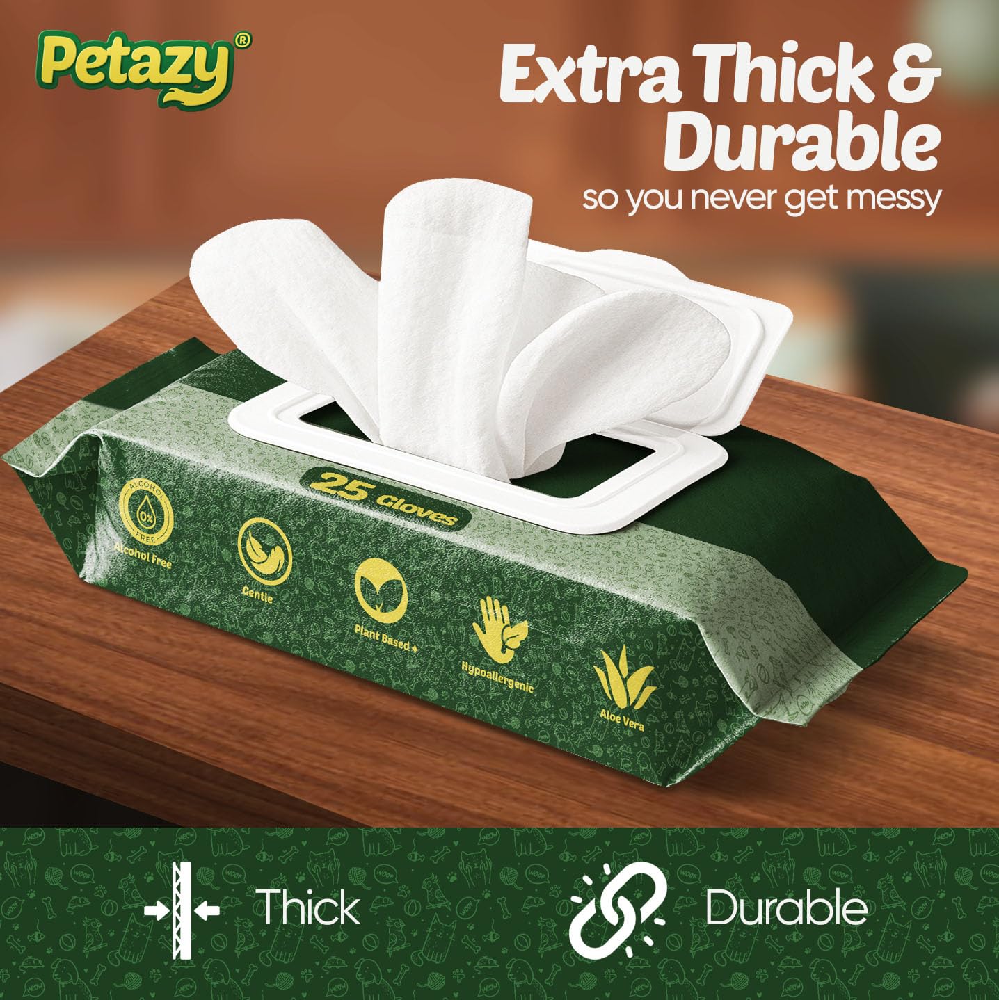 Petazy Pet Glove Wipes for Dogs & Cats – Hypoallergenic Thick Cleaning Gloves with Aloe & Coconut Oil for Paws, Face, Ears & Butt, Instant No Rinse Grooming Wipes to Deodorize and Hydrate, 25 Pack