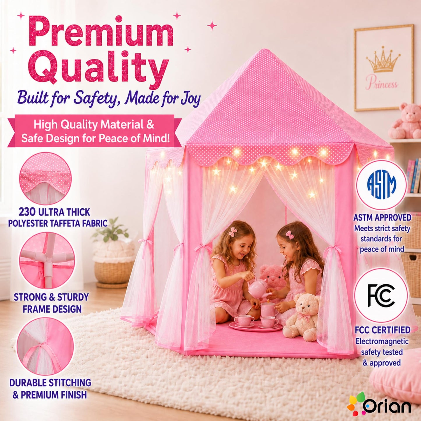 Orian Princess Tent for Kids, Toddler & Kids Pink Play Tent Indoor & Outdoor Princess Castle Fort for Girls and Toddlers Ages 2-7, 55”x53”, LED Star Lights, Children’s Toys and Gifts for Girls