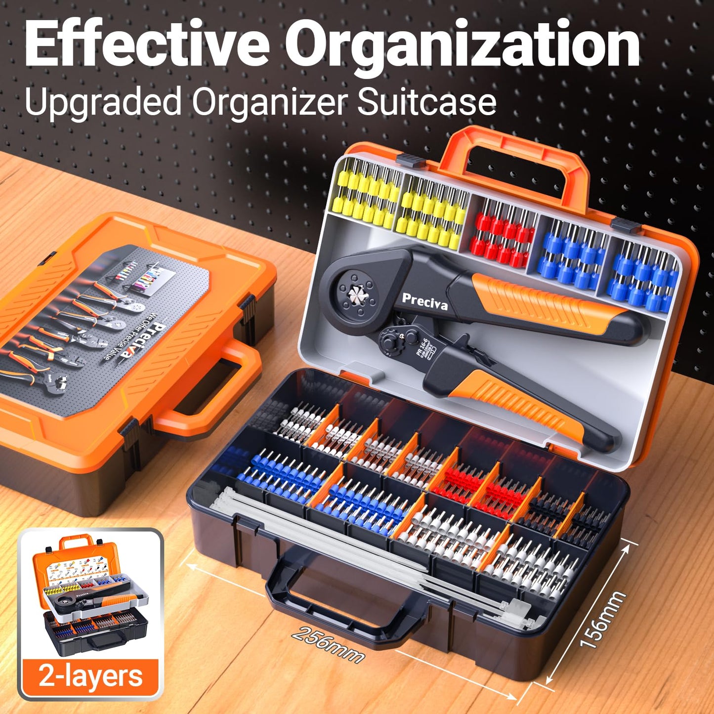 Preciva Ferrule Crimping Tool Kit - AWG 28-5 Hexagonal Ferrule Crimper with Automatic Wire Stripper and 1375Pcs Single/Twin Ferrule Connectors, Self-Adjustable Ratchet Ferrule Terminals Crimping Tool