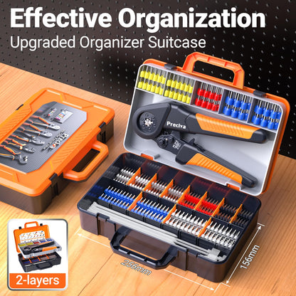 Preciva Ferrule Crimping Tool Kit - AWG 28-5 Hexagonal Ferrule Crimper with Automatic Wire Stripper and 1375Pcs Single/Twin Ferrule Connectors, Self-Adjustable Ratchet Ferrule Terminals Crimping Tool
