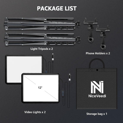 2-Pack LED Video Light Kit, NiceVeedi Studio Light, 2800-6500K Dimmable Photography Lighting Kit with Tripod Stand&Phone Holder, 73" Stream Light for Video Recording, Game Streaming, YouTube