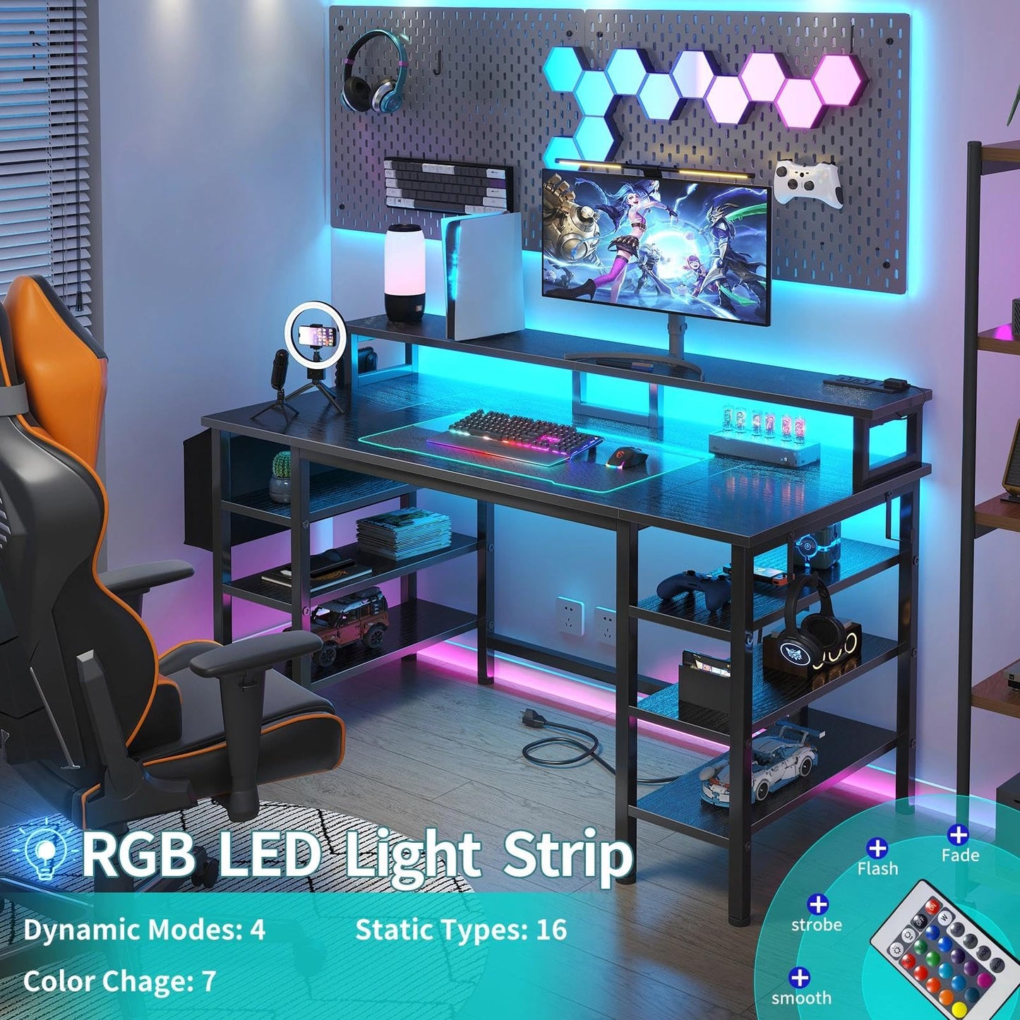 Lufeiya Gaming Desk with LED Lights and Storage Shelves, 47 inch Computer Desk with Power Outlets, Home Office Desk with Monitor Stand, Writing Table PC Desks, Black