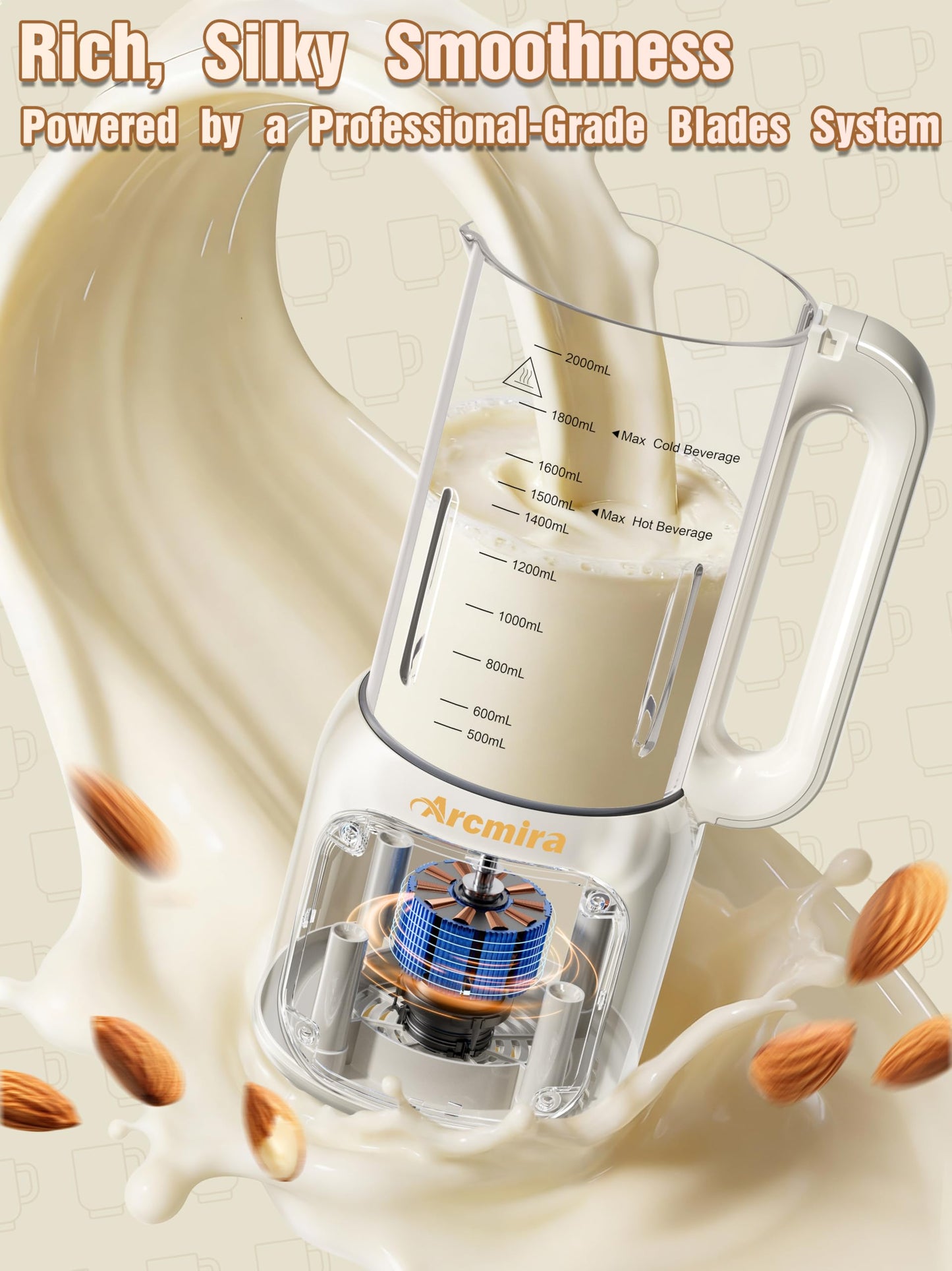 Arcmira 68oz Automatic 8-in-1 Nut Milk Maker, 10 Blades -No Soak, Self-Clean, Delay Start & Keep Warm, for Almond/Soy/Oat Milk, Juice, Boil Water, Shakes - Plant-Based Dairy Free for Family & Party