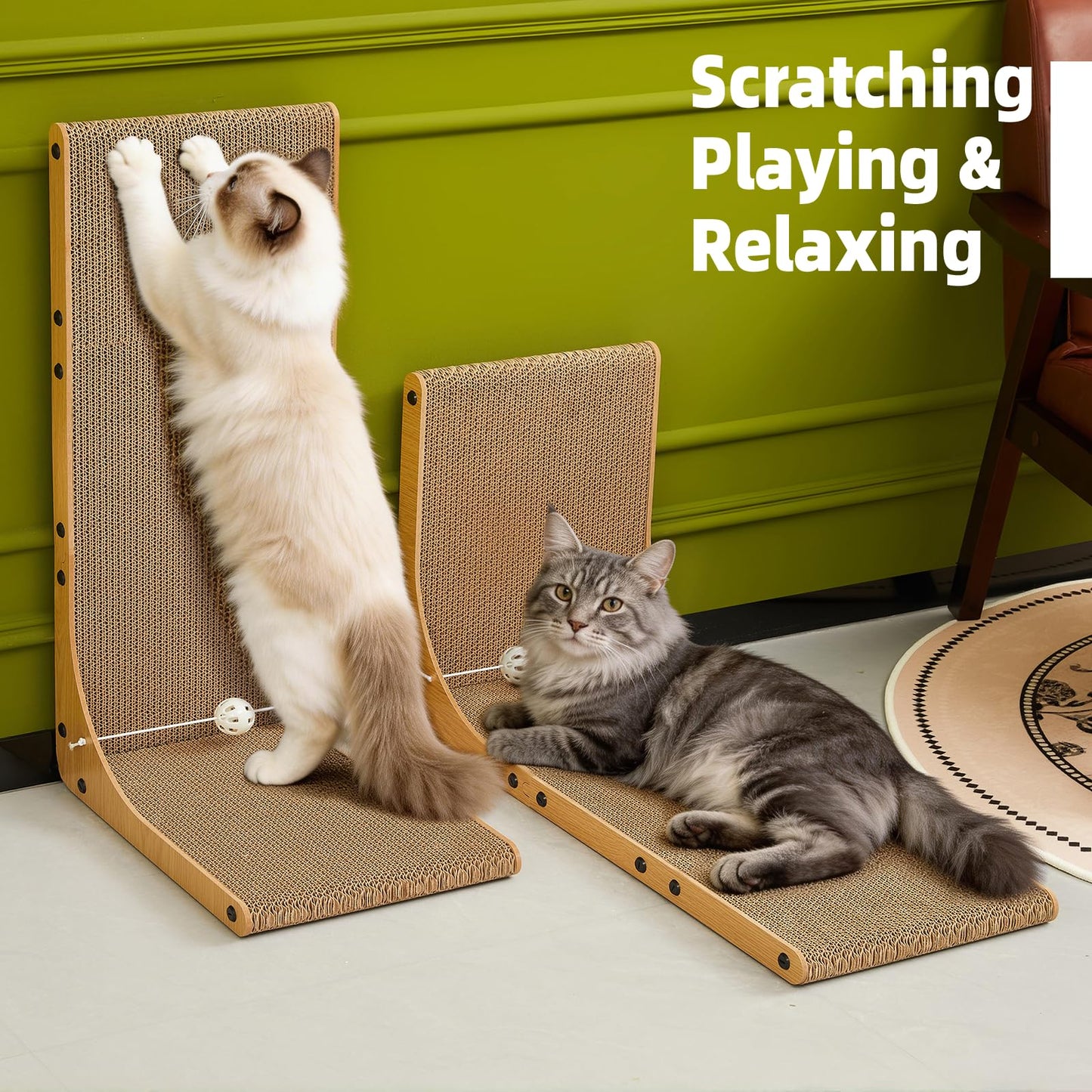 Value 2-Pack 23.6 Inch L-Shaped Cardboard Cat Scratcher, Dual Use (Vert/Horiz) Scratch Pad with Toy Balls, Wall-Mountable Furniture Protector Cat Scratchers for Indoor Cats