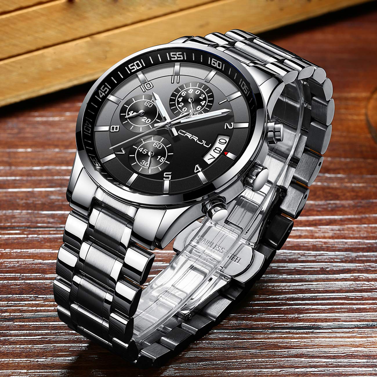 CRRJU Men's Fashion Stainless Steel Watches Date Waterproof Chronograph Wristwatches,Black Steel Band Waterproof Quartz Watch for Men