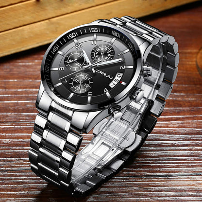 CRRJU Men's Fashion Stainless Steel Watches Date Waterproof Chronograph Wristwatches,Black Steel Band Waterproof Quartz Watch for Men