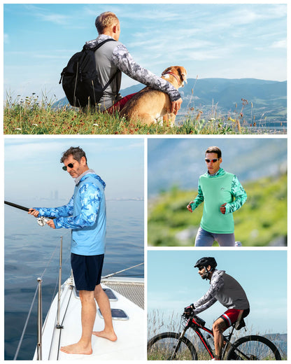FISHEAL Men's Performance Fishing Hoodie Shirt - UPF 50+ UV Sun Protection Long Sleeve Shirts with Mesh Face Mask