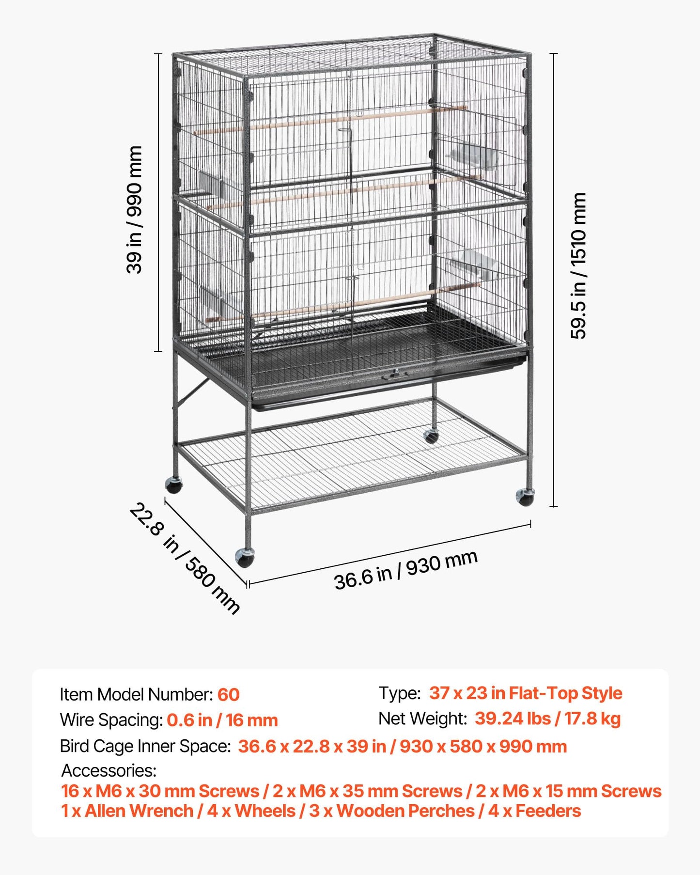VEVOR Bird Cage, 24.6 x 16.7 x 53.9 inch, Flat Top, Wrought Iron Bird Flight Cage with Perches, Slide-Out Tray and Plastic Feeders, Casters, for Parrot, Blue Tit, Cockatiel, Canary, Budgerigar, Conure