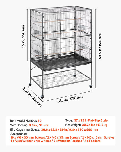 VEVOR Bird Cage, 24.6 x 16.7 x 53.9 inch, Flat Top, Wrought Iron Bird Flight Cage with Perches, Slide-Out Tray and Plastic Feeders, Casters, for Parrot, Blue Tit, Cockatiel, Canary, Budgerigar, Conure
