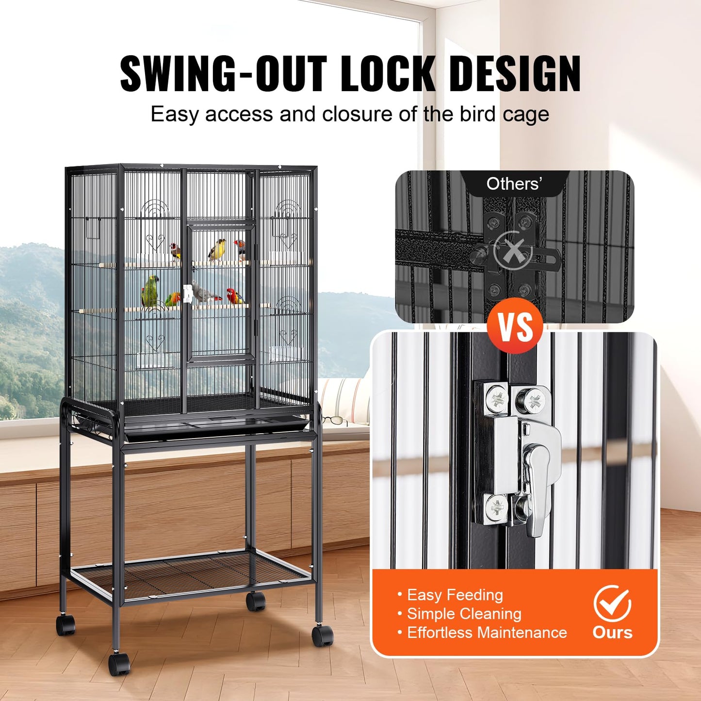 VEVOR Bird Cage, 24.6 x 16.7 x 53.9 inch, Flat Top, Wrought Iron Bird Flight Cage with Perches, Slide-Out Tray and Plastic Feeders, Casters, for Parrot, Blue Tit, Cockatiel, Canary, Budgerigar, Conure