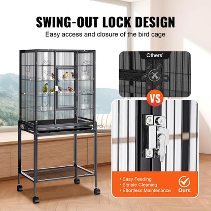 VEVOR Bird Cage, 24.6 x 16.7 x 53.9 inch, Flat Top, Wrought Iron Bird Flight Cage with Perches, Slide-Out Tray and Plastic Feeders, Casters, for Parrot, Blue Tit, Cockatiel, Canary, Budgerigar, Conure