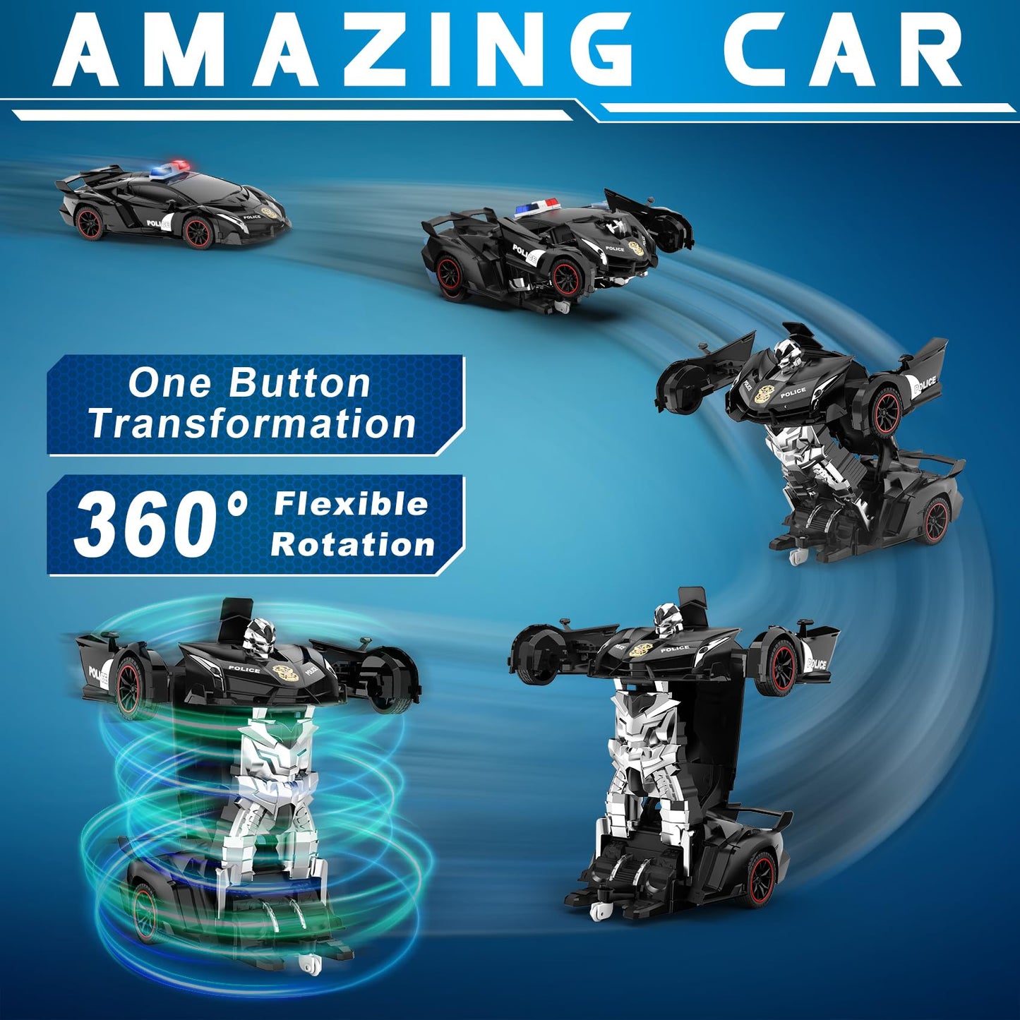 FDJ Remote Control Car - Transform Toys Car Robot, One Button Deformation to Robot with Flashing Light, 2.4Ghz 1:18 Scale Transforming Police Car Kids Toys with 360 Degree Rotating, Girls Boys Toys