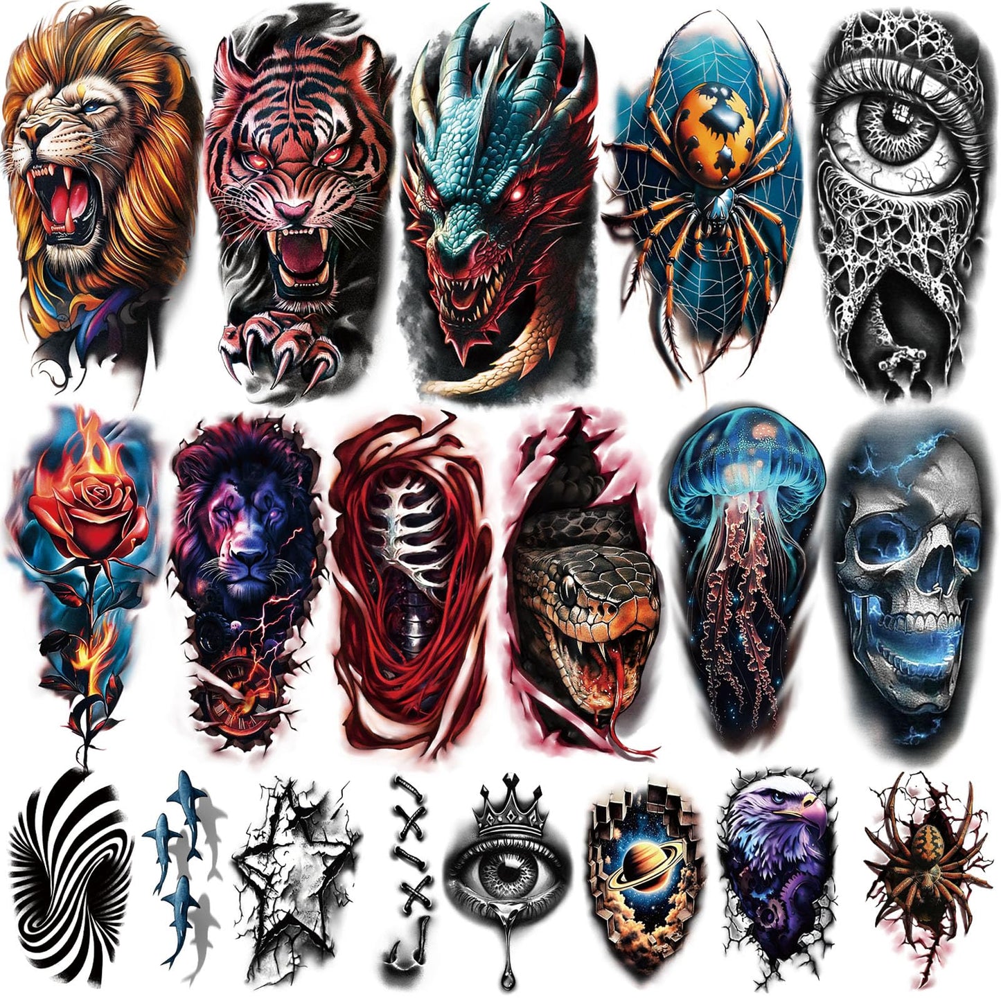 Yazhiji 36 Sheets Temporary Tattoos Stickers, 12 Sheets Fake Body Arm Chest Shoulder Tattoos for Men or Women with 24 PCS Tiny Black Tattoos