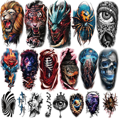 Yazhiji 36 Sheets Temporary Tattoos Stickers, 12 Sheets Fake Body Arm Chest Shoulder Tattoos for Men or Women with 24 PCS Tiny Black Tattoos