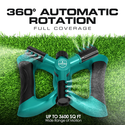 Joeys Sprinkler for Yard, Rotating Garden Sprinkler with 3 Adjustable Arms, Weighted Base, Expandable Connection, Lawn and Yard Sprinklers (Green)