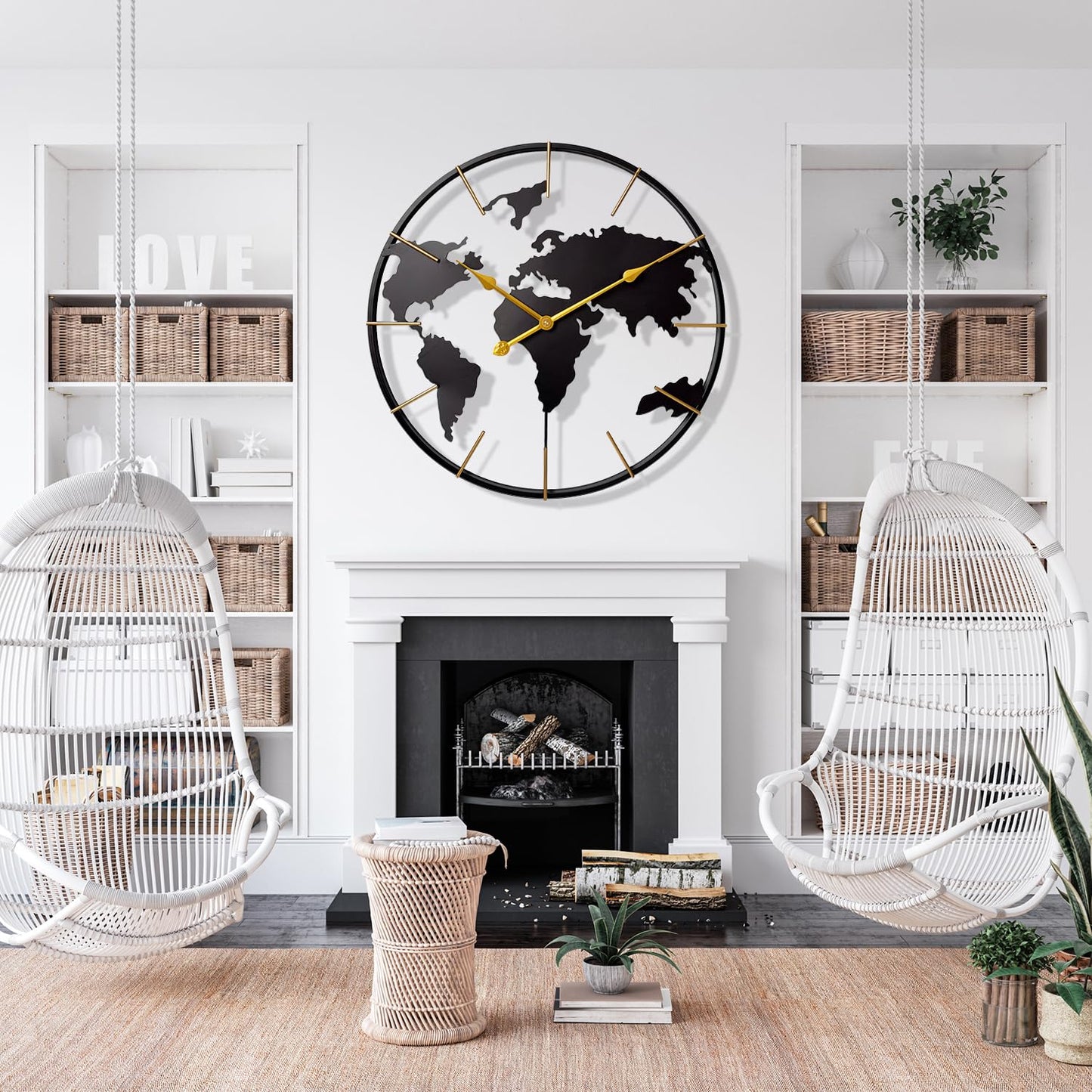 Large World Map Wall Clock, Metal Minimalist Modern Clock,Round Silent Non-Ticking Battery Operated Wall Clocks for Living Room/Home/Kitchen/Bedroom/Office/Farmhouse Decor (24 Inch)