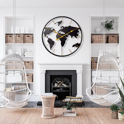 Large World Map Wall Clock, Metal Minimalist Modern Clock,Round Silent Non-Ticking Battery Operated Wall Clocks for Living Room/Home/Kitchen/Bedroom/Office/Farmhouse Decor (24 Inch)