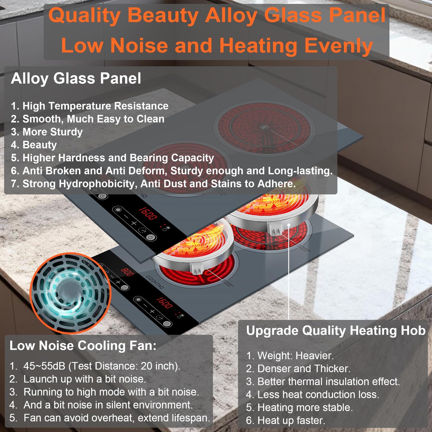Dual Coil Design of 2 Burner Electric Cooktop, 1800W Ceramic Hot Plate for Cooking, Infrared Double Burner Portable Countertop or 24inch Built-in Radiant Stove Top Cooker, Compatible with All Cookware