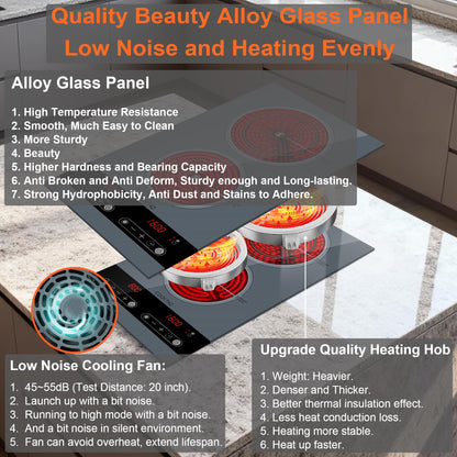 Dual Coil Design of 2 Burner Electric Cooktop, 1800W Ceramic Hot Plate for Cooking, Infrared Double Burner Portable Countertop or 24inch Built-in Radiant Stove Top Cooker, Compatible with All Cookware