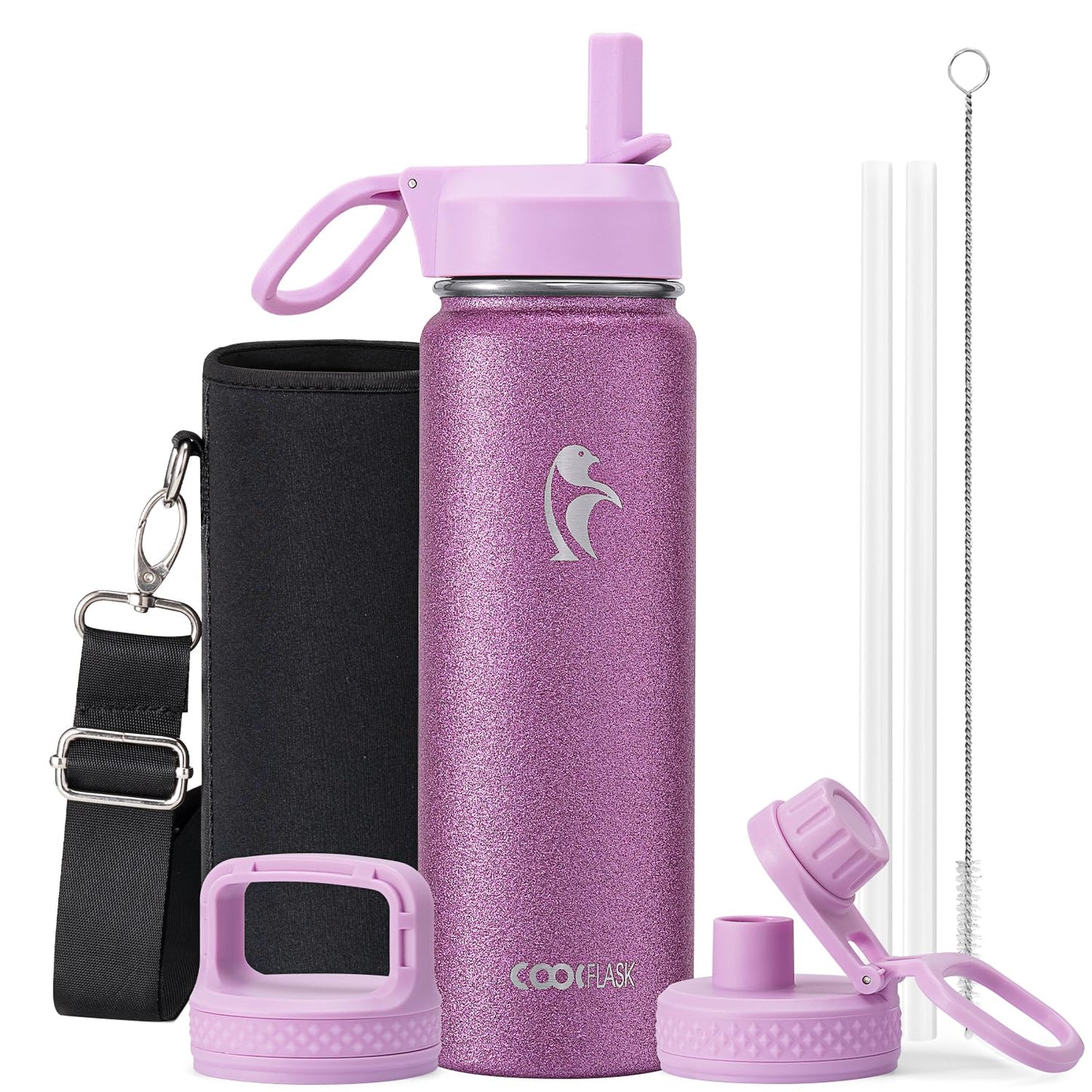 Half Gallon Water Bottle Insulated with Straw & 3 Lids, Coolflask 64 oz Water Jug Large Metal Stainless Steel Wide Mouth for Sports, Gym or Office, Non-BPA Keep Cold 48H Hot 24H, Samurai Cyan