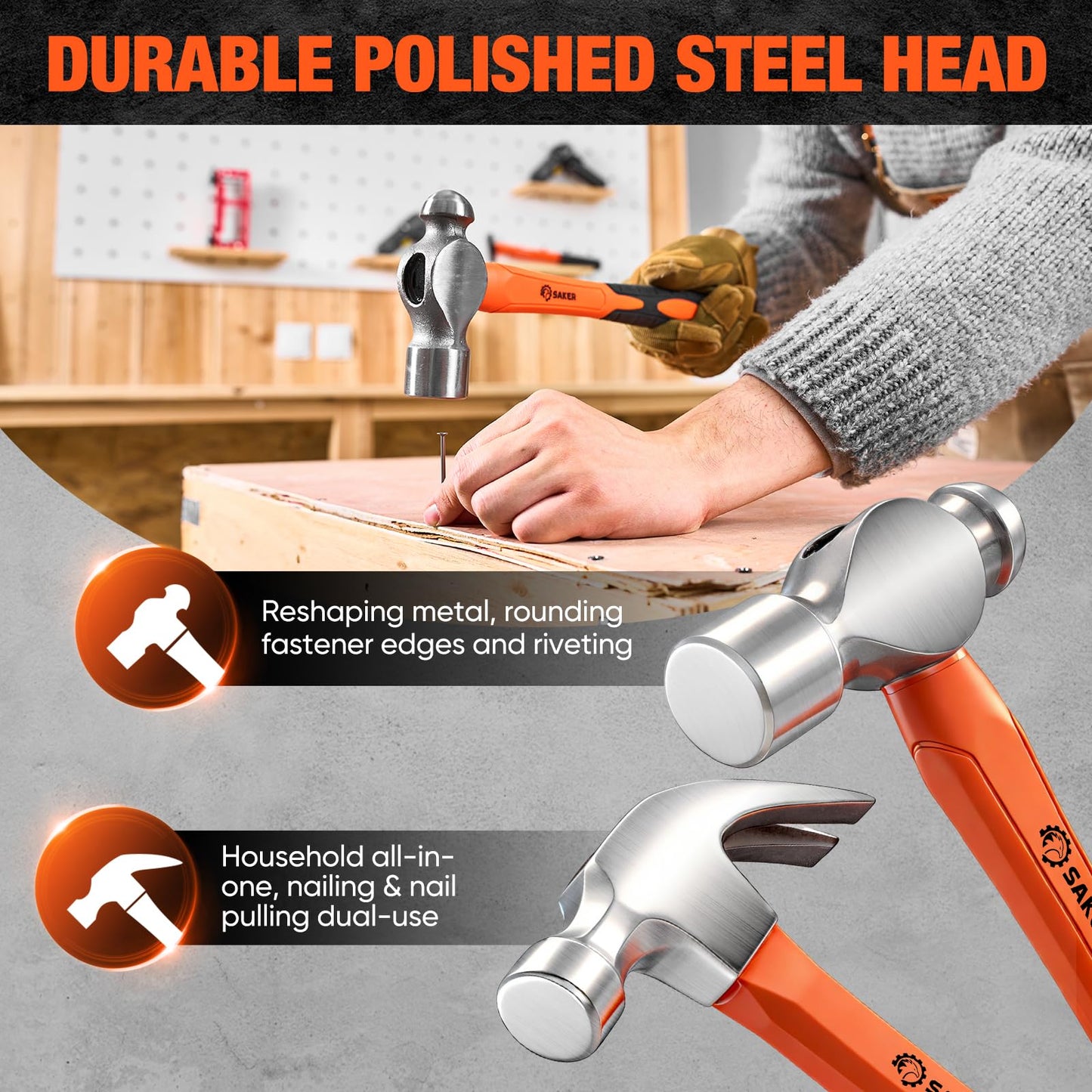 Saker 5-Piece Hammer Set,3lb Sledge Hammer,16oz Rubber Mallet, 16oz Ball Peen Hammer & Claw Hammer, 7oz Cross Peen Hammer for Home Repair & DIY Projects