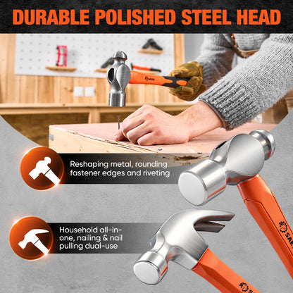 Saker 5-Piece Hammer Set,3lb Sledge Hammer,16oz Rubber Mallet, 16oz Ball Peen Hammer & Claw Hammer, 7oz Cross Peen Hammer for Home Repair & DIY Projects