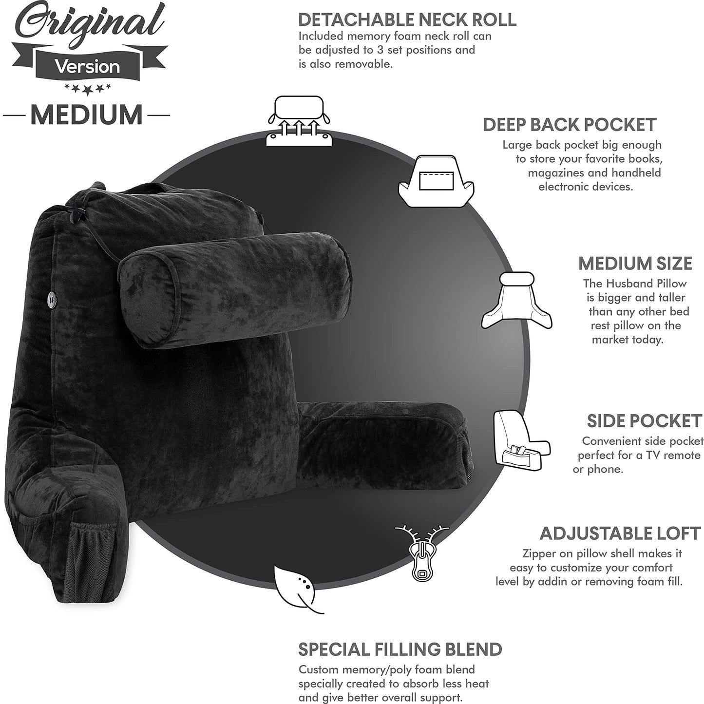 Husband Pillow XXL The Original for Adults - 30" Tall Backrest for Sitting Up in Bed - Firm Support Reading & Bed Rest Pillows for Adults, Neck Roll, Removable Cover - TV - Dark Grey