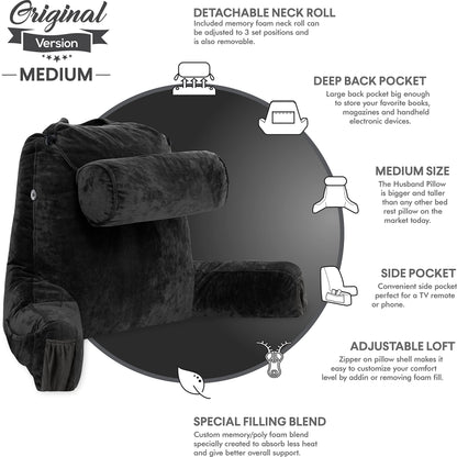 Husband Pillow XXL The Original for Adults - 30" Tall Backrest for Sitting Up in Bed - Firm Support Reading & Bed Rest Pillows for Adults, Neck Roll, Removable Cover - TV - Dark Grey
