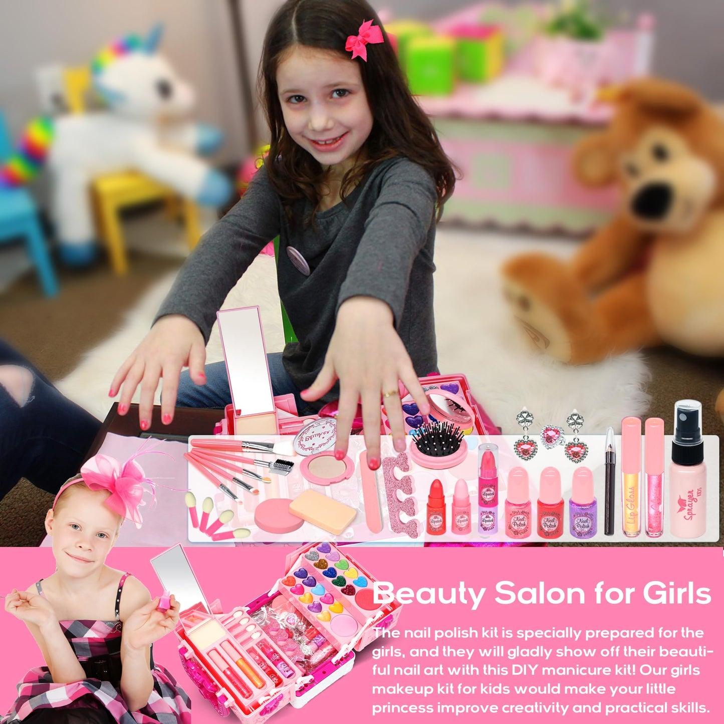 Kids Makeup Kit for Girl - 52 PCS Safe and Washable Makeup for Kids, Real Girls Makeup Kit, Toddler Makeup Kit with Cosmetic Case, Girls Toys Age 4-12, Princess Toys Birthday Gifts for Girls