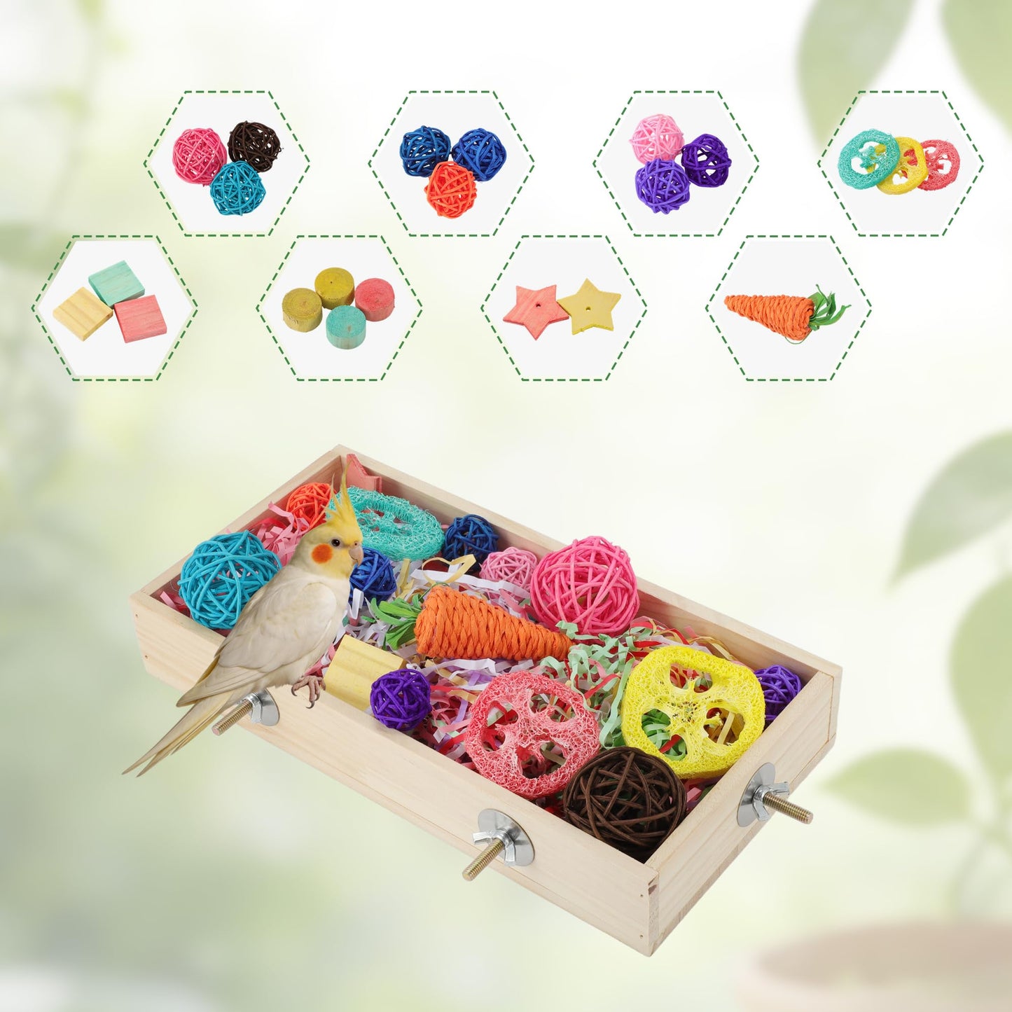 Bird Foraging Toys Box, Wooden Foraging and Shredding Toy for Birds, Bird Box for Mental Stimulation, Wood Colour