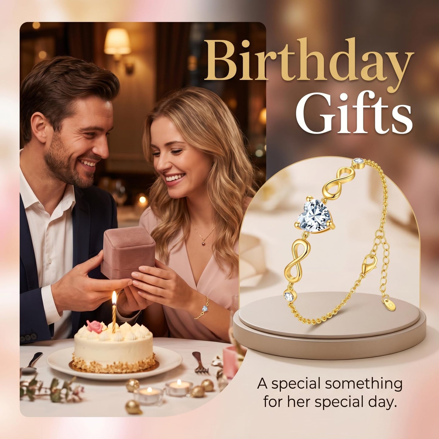 14K Gold Infinity Birthstone Bracelets for Women, Infinity Love Heart Birthstone Link Bracelets for Women, 14K Gold Plated Jewelry Birthday Gifts for Wife Girlfriend Mom, 7+2 Inch