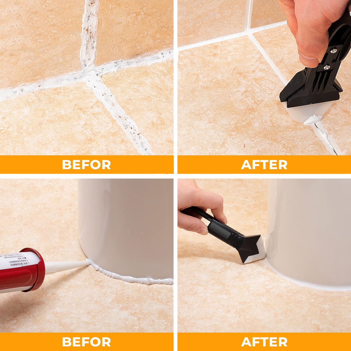 Saker Silicone Caulking Tool 3-in-1 Grout Removal Tool and Sealant Finishing Scraper with Stainless Steelhead, Caulk Remover and Seam Repair Kit for Bathroom, Kitchen, Floor, Window and Sink Joints