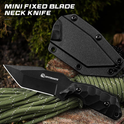 Neck Knife with Sheath and Necklace X-TAN-K, Horizontal Carry Knife with Full Tang Tanto 5Cr14MoV Steel Blade, Khaki ABS Handle, EDC, Outdoor, Camping & Hiking