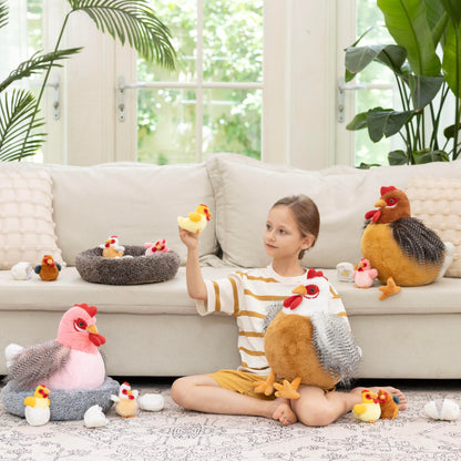 MaoGoLan 8Pcs Chicken Stuffed Animals, Stuffed Hen Plush Toys with Babies Chickens and Eggs, Nest House Plush Set, Cute and Soft Farm Stuffed Animals Gift for Kids