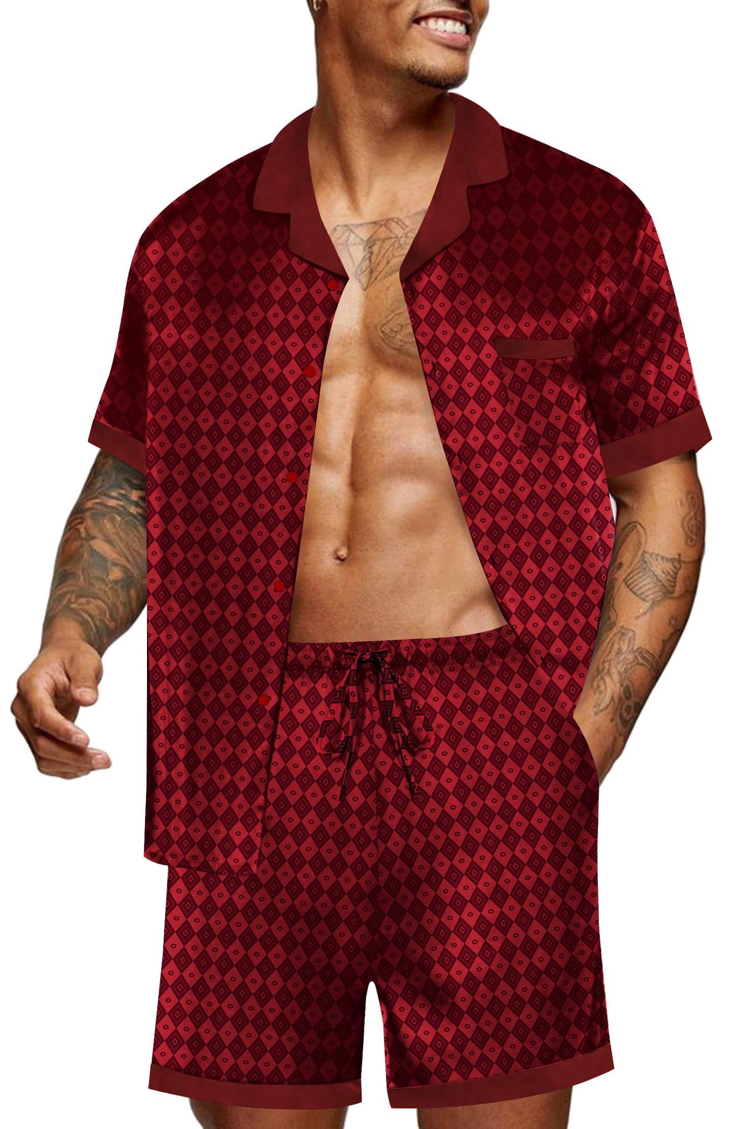 Ekouaer Men Satin Silk Pajamas Set with Pockets Sleepwear Shorts Satin Summer Loungewear 2 Piece Button Down Set S-3XL