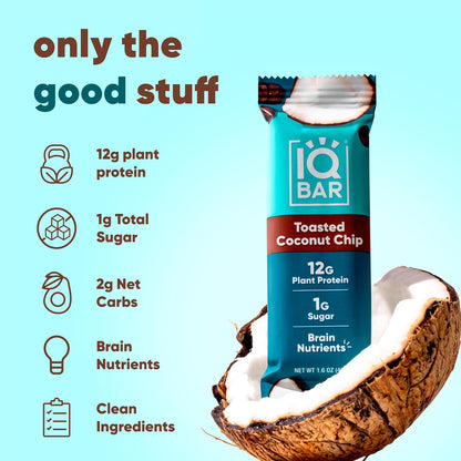 IQBAR Clean Plant Protein Bars, Almond Butter Chip 12-Count | Protein Snack | High Fiber, High Protein, Low Sugar, Clean Label Project Certified | Gluten Free, Dairy Free, Vegan, Keto, Soy Free