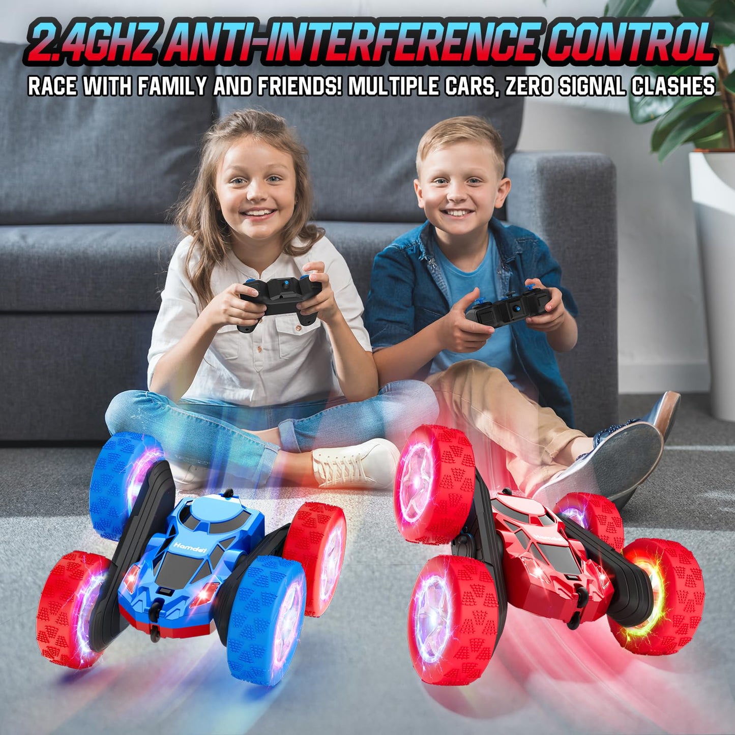 Hamdol Remote Control Car for Kids, 360° Rotating Double-Sided RC Car with LED Headlights, 4WD 2.4GHz Electric Rechargeable Toy Vehicle for Boys and Girls, Perfect Birthday