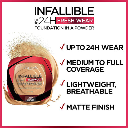 L'Oreal Paris Makeup Infallible Fresh Wear Foundation in a Powder, Up to 24H Wear, Waterproof, Vanilla, 0.31 oz. (Packaging May Vary)