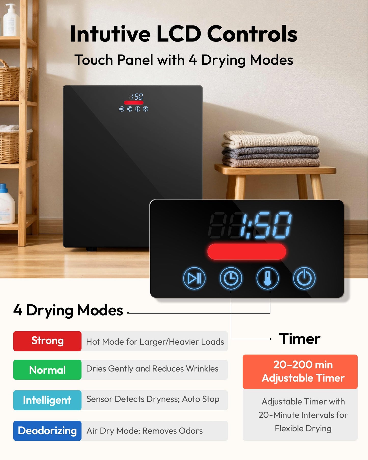 EUHOMY 1.5 Cu.ft Portable Dryer with 4 Drying Programs, 5.5lbs Clothes Capacity, Mirror Finish & LCD Panel, 850W Portable Clothes Dryer for Apartment, Dorm & RV, Black