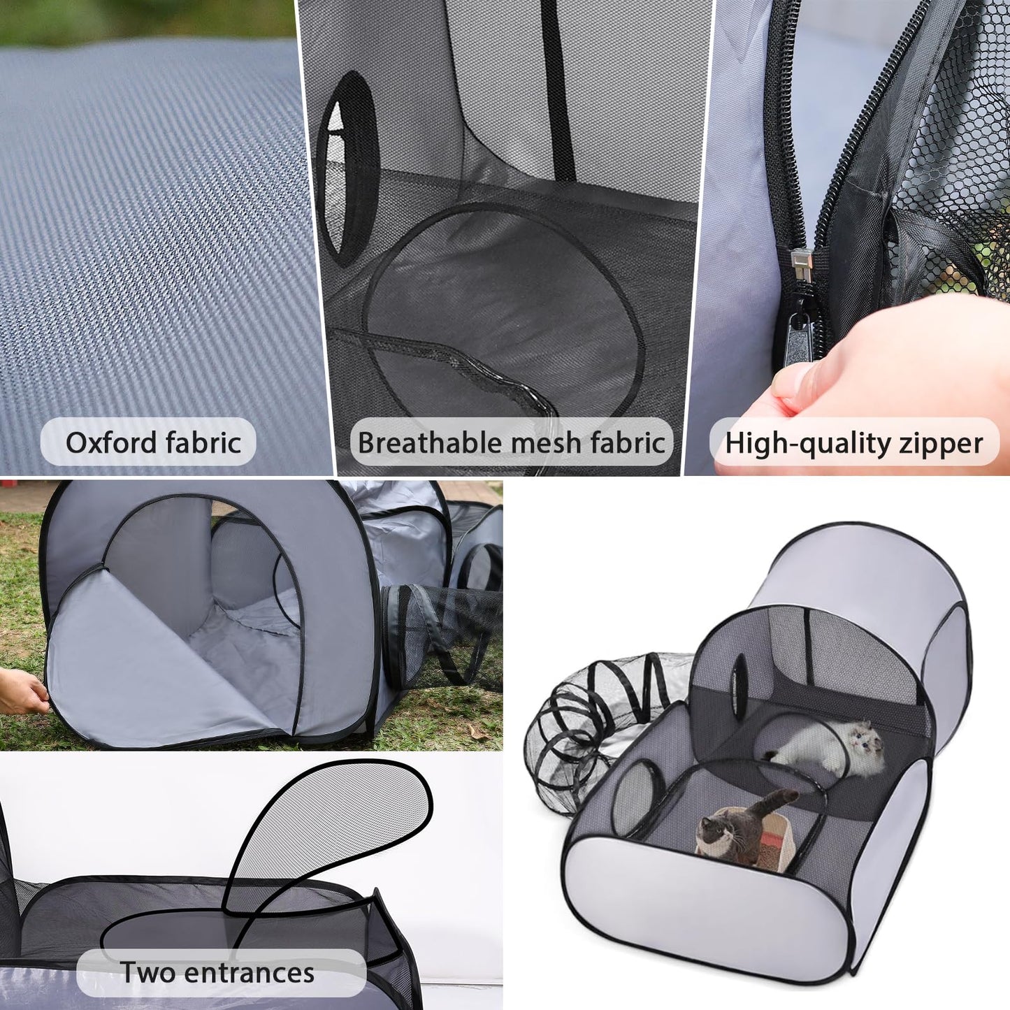 Tailtastic Pet Playpen with Surround Tunnel, Outdoor/Indoor Cat Playpen with Breathable Soft Sides，Tailtastic Cat Enclosure Tent for Small Animals, Portable Tent with Carry Bag (Medium)